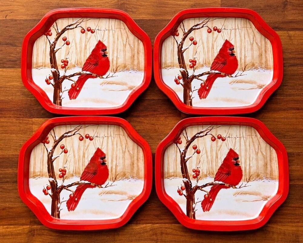Set of 4 Cardinal Tin Snack Trays | Winter Bird Christmas Serving Plates